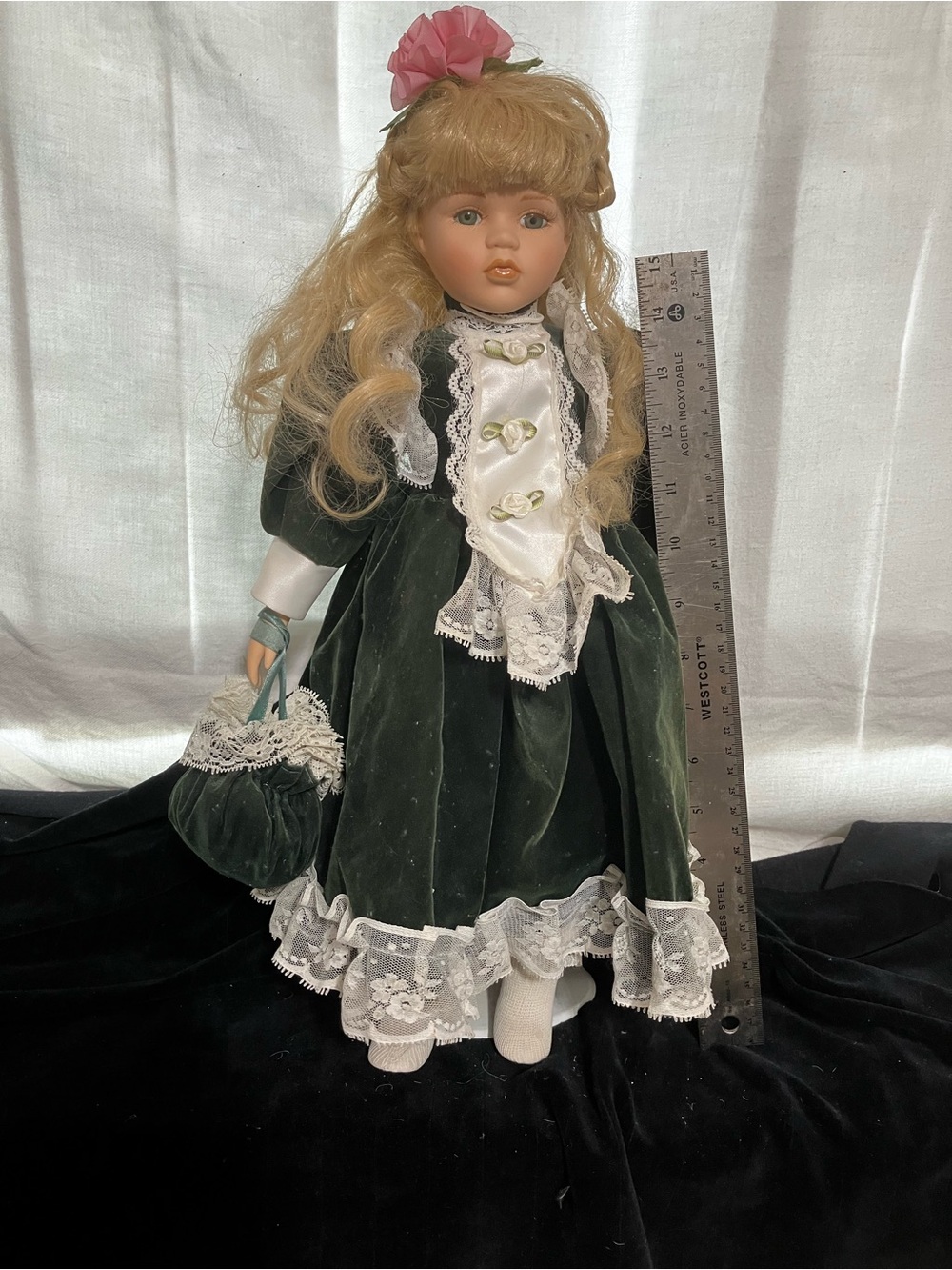 Green Velvet Lace Porcelain Doll with Pink Hair Flower